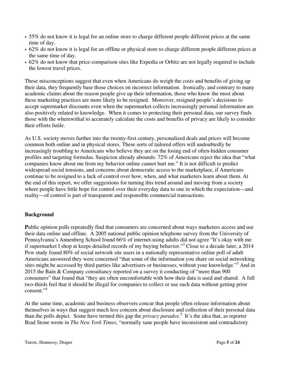 The Tradeoff Fallacy - How Marketers Are Misrepresenting American Consumers and Opening Them up to Exploitation - Josef Turow, Michael Hennessy, Nora Draper - Pennsylvania, Page 5