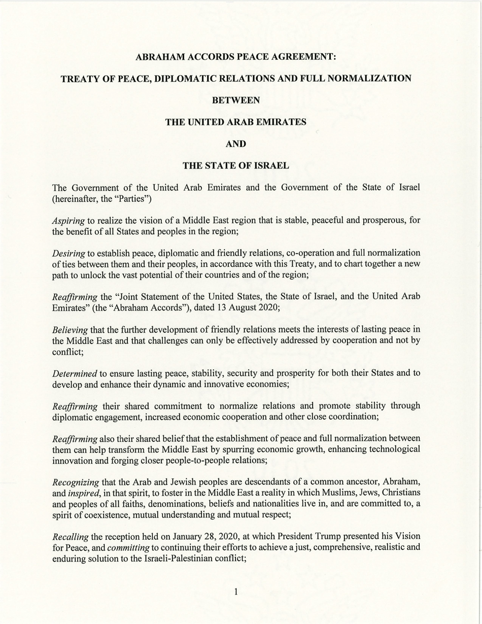 Abraham Accords Peace Agreement: Treaty of Peace, Diplomatic Relations and Full Normalization Between the United Arab Emirates and the State of Israel, Page 1