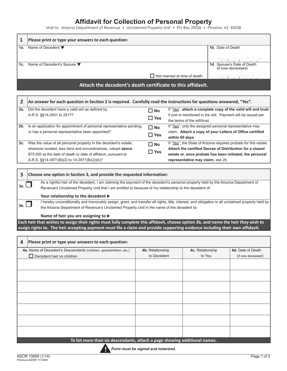 Form ADOR10695 Affidavit for Collection of Personal Property - Arizona, Page 1