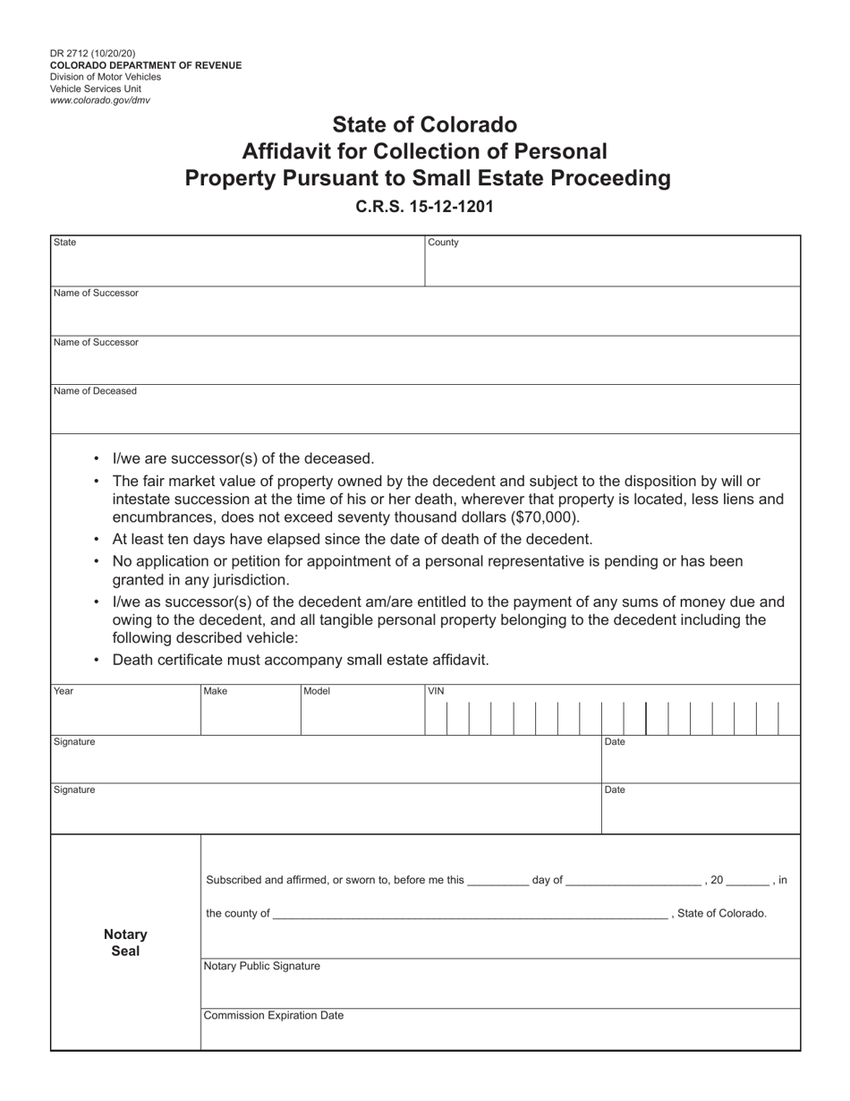 Form DR2712 Affidavit for Collection of Personal Property Pursuant to Small Estate Proceeding - Colorado, Page 1