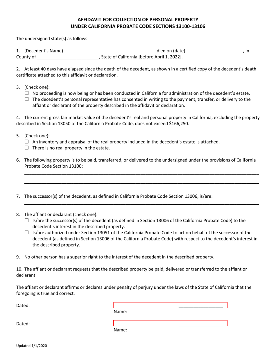 California affidavit for collection of personal property fill out