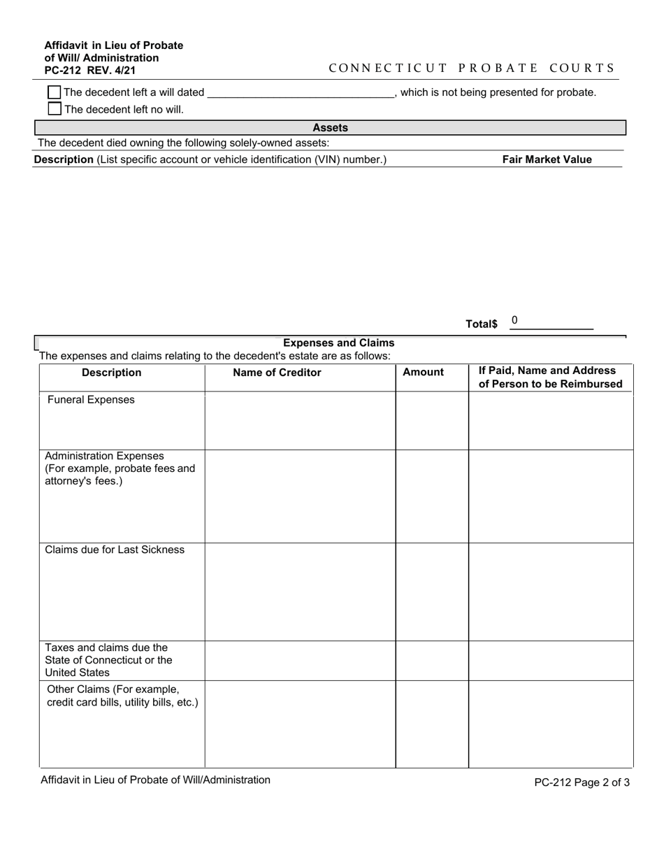 Form PC-212 Affidavit in Lieu of Probate of Will / Administration - Connecticut, Page 2