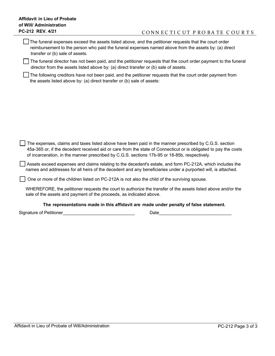 Form PC-212 Affidavit in Lieu of Probate of Will / Administration - Connecticut, Page 3