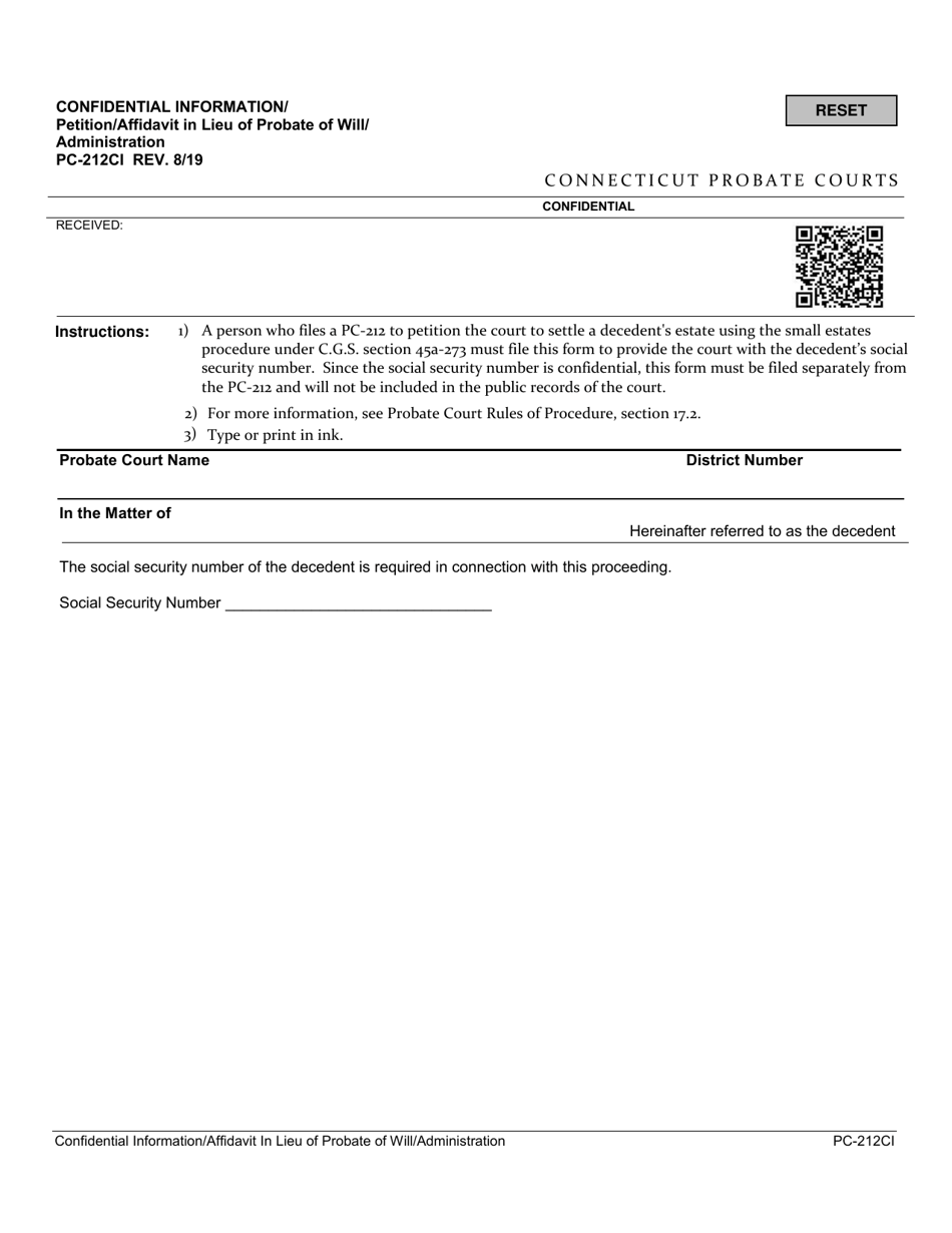 Form PC-212CI Confidential Information / Petition / Affidavit in Lieu of Probate of Will / Administration - Connecticut, Page 1