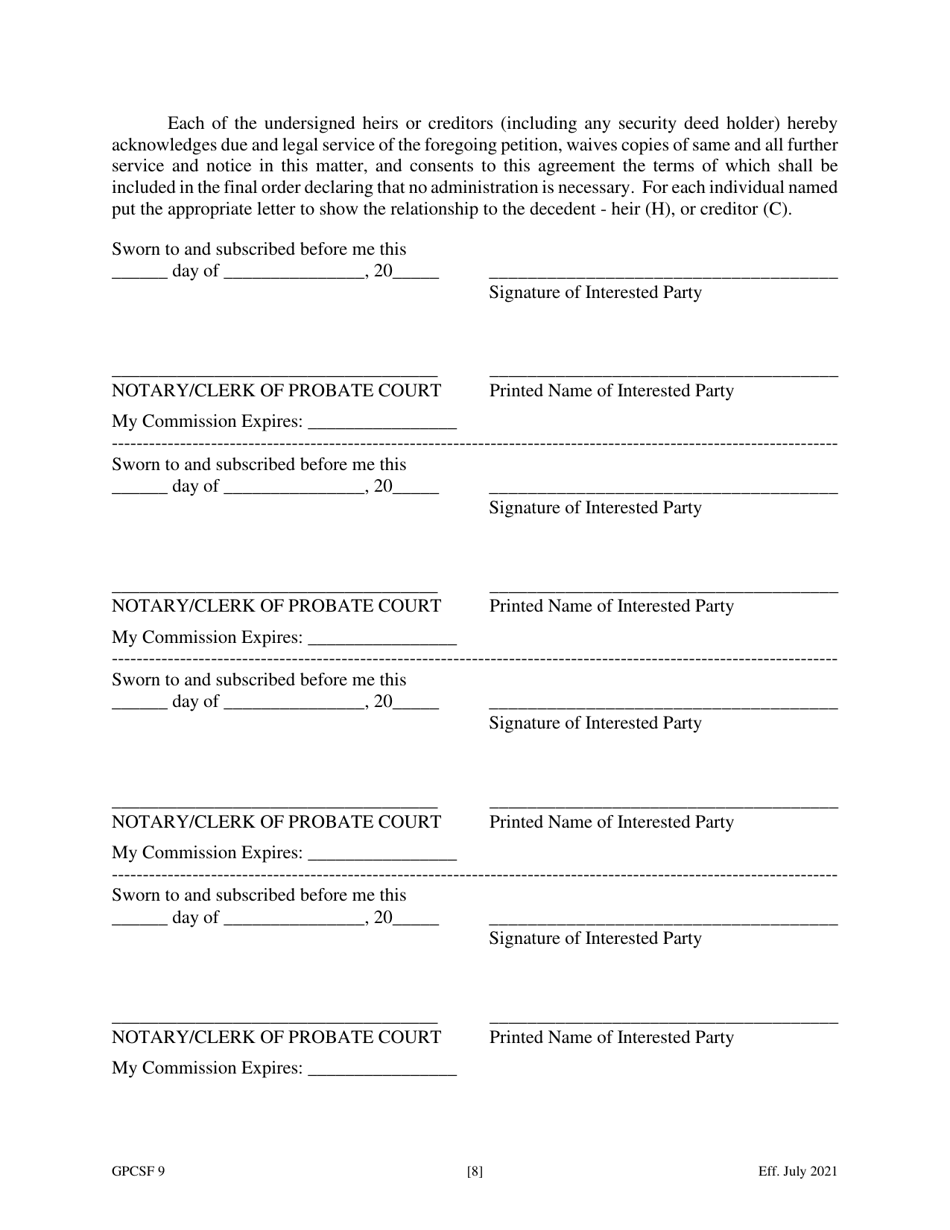 Form GPCSF9 Petition for Order Declaring No Administration Necessary - Georgia (United States), Page 10
