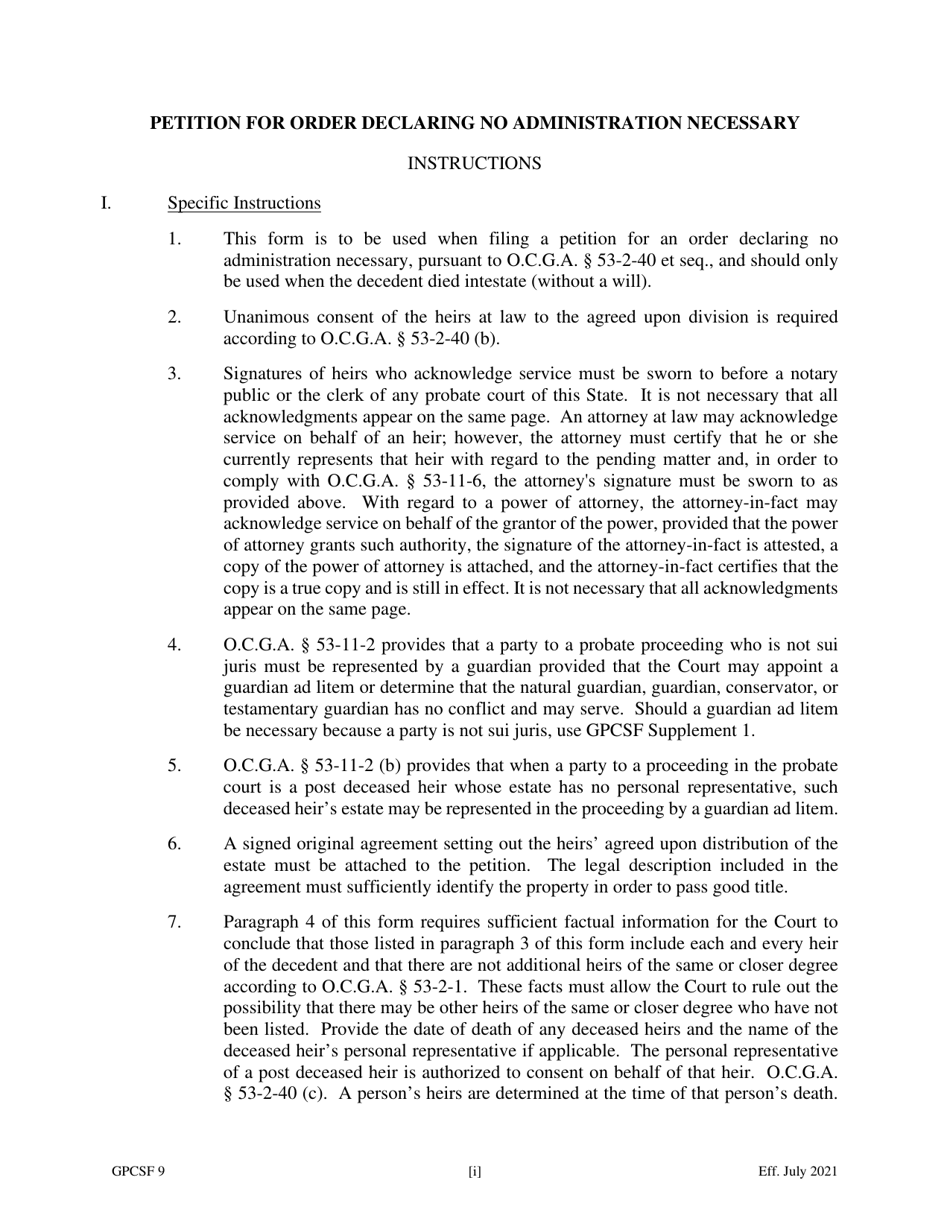 Form GPCSF9 Petition for Order Declaring No Administration Necessary - Georgia (United States), Page 1