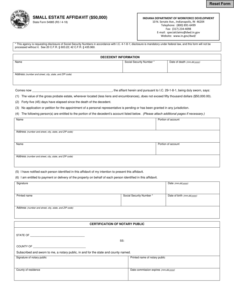 State Form 54985 Small Estate Affidavit ($50,000) - Indiana, Page 1