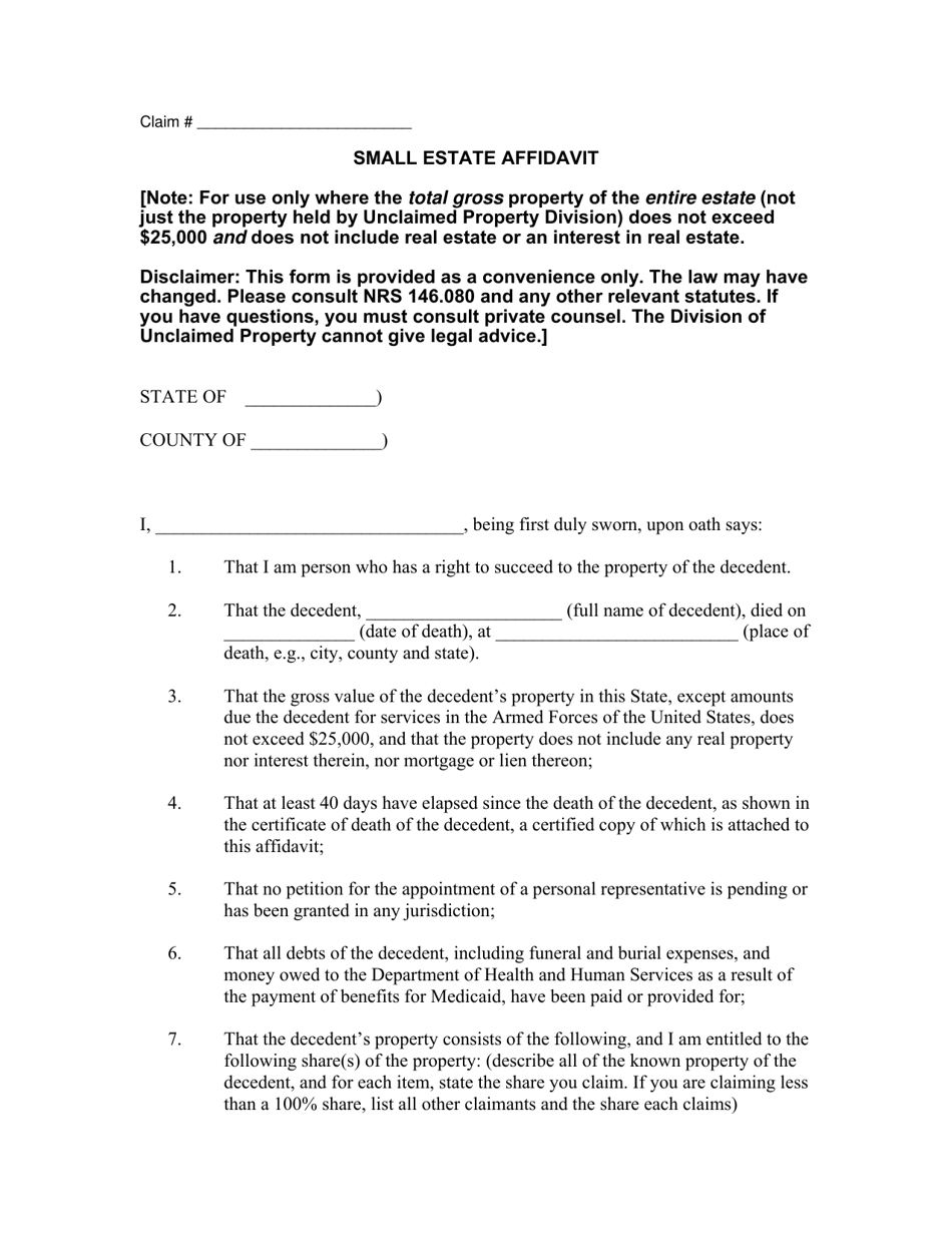Form UP-45 Small Estate Affidavit - Nevada, Page 1