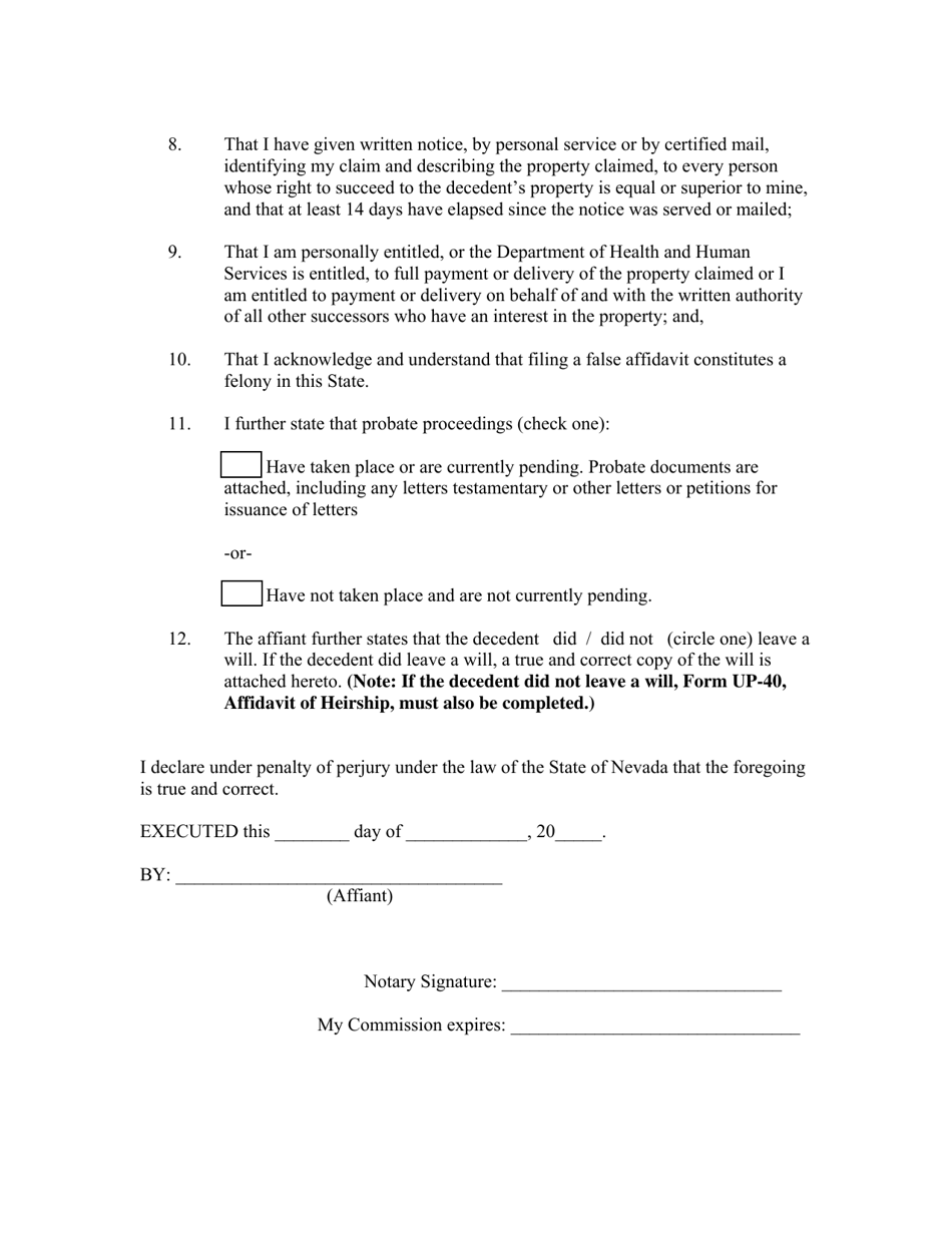 Form UP-45 Small Estate Affidavit - Nevada, Page 2