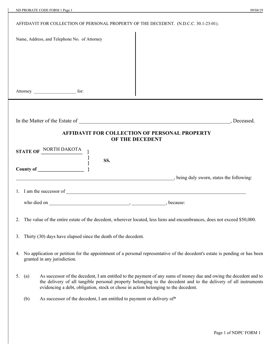 Form 1 Affidavit for Collection of Personal Property of the Decedent - North Dakota, Page 1