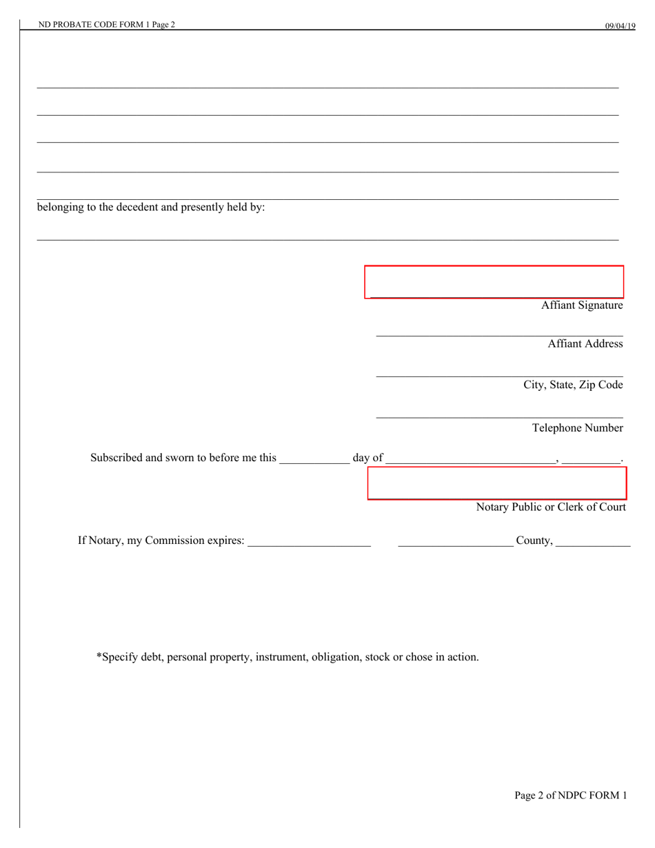 Form 1 Affidavit for Collection of Personal Property of the Decedent - North Dakota, Page 2