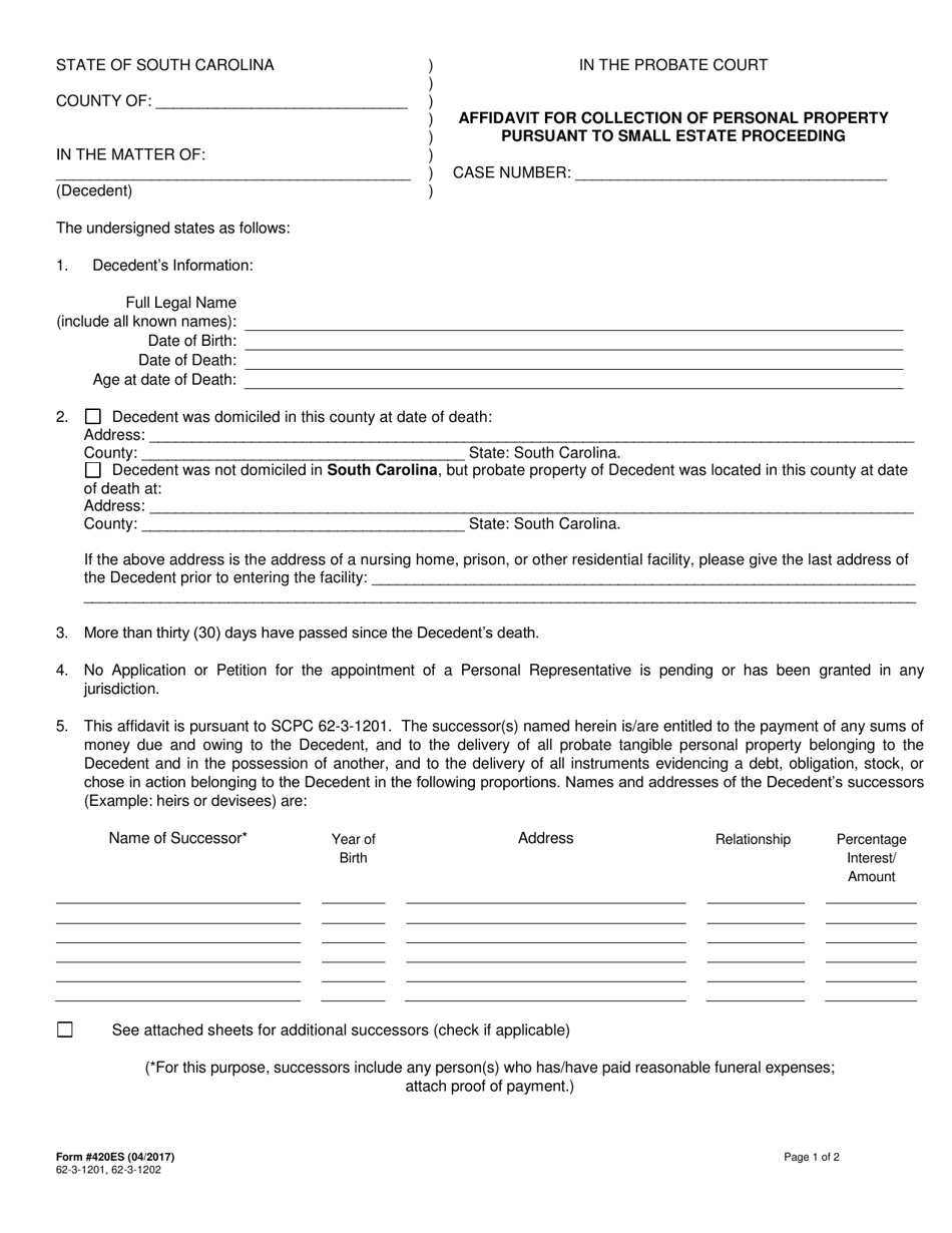 Form 420ES Affidavit for Collection of Personal Property Pursuant to Small Estate Proceeding - South Carolina, Page 1
