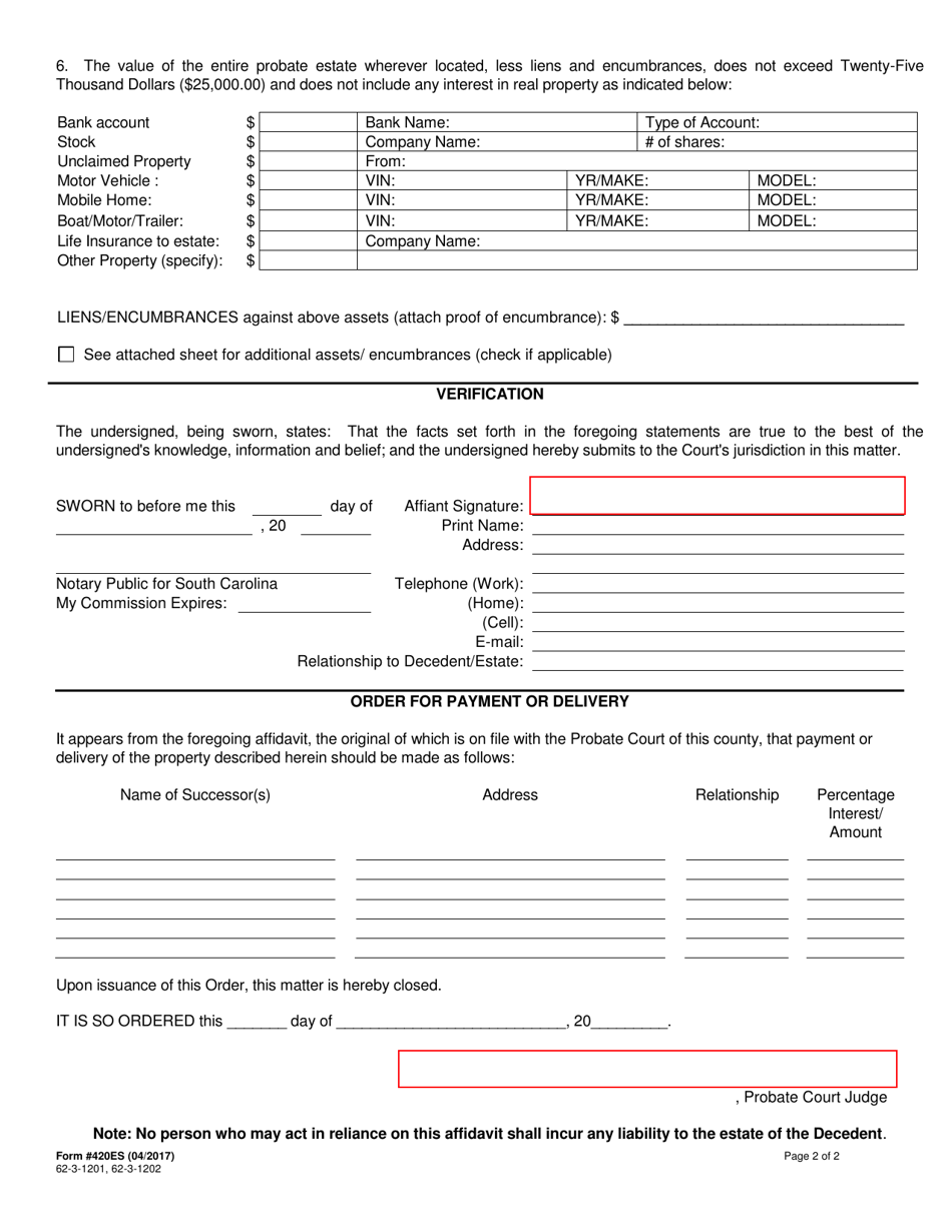 Form 420ES Affidavit for Collection of Personal Property Pursuant to Small Estate Proceeding - South Carolina, Page 2