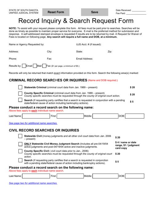 Form UJS-100 Record Inquiry & Search Request Form - South Dakota