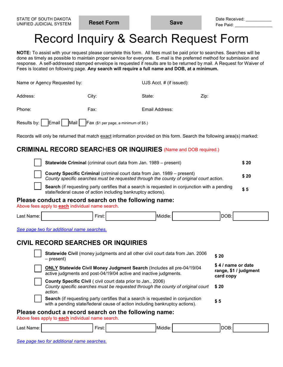 Form UJS-100 Record Inquiry  Search Request Form - South Dakota, Page 1