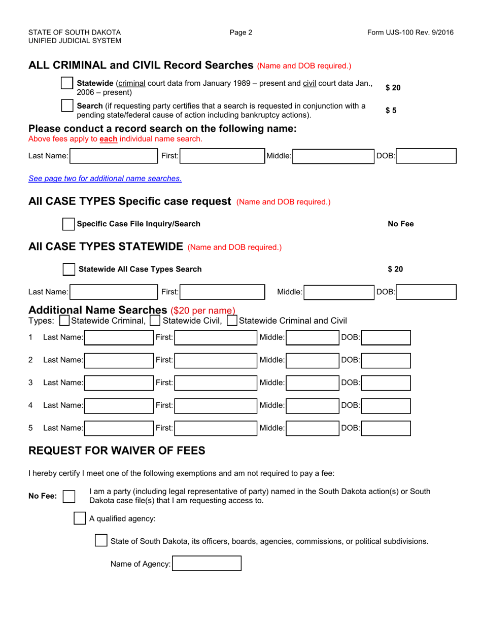 Form UJS-100 Record Inquiry  Search Request Form - South Dakota, Page 2