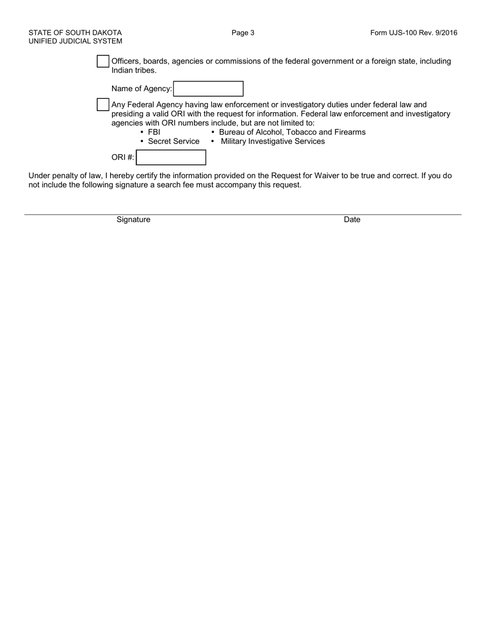 Form UJS-100 Record Inquiry  Search Request Form - South Dakota, Page 3