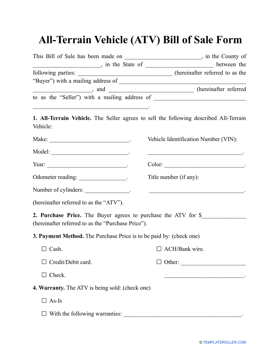 All-terrain Vehicle (Atv) Bill of Sale Form, Page 1