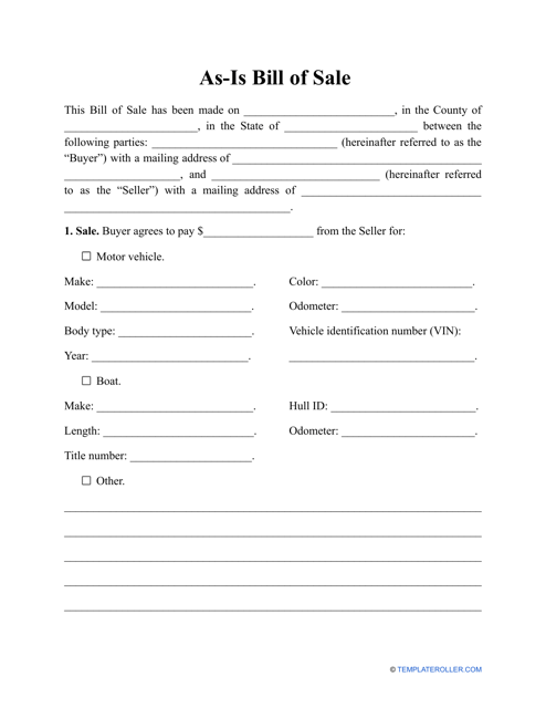 As-Is Bill of Sale Template Download Pdf