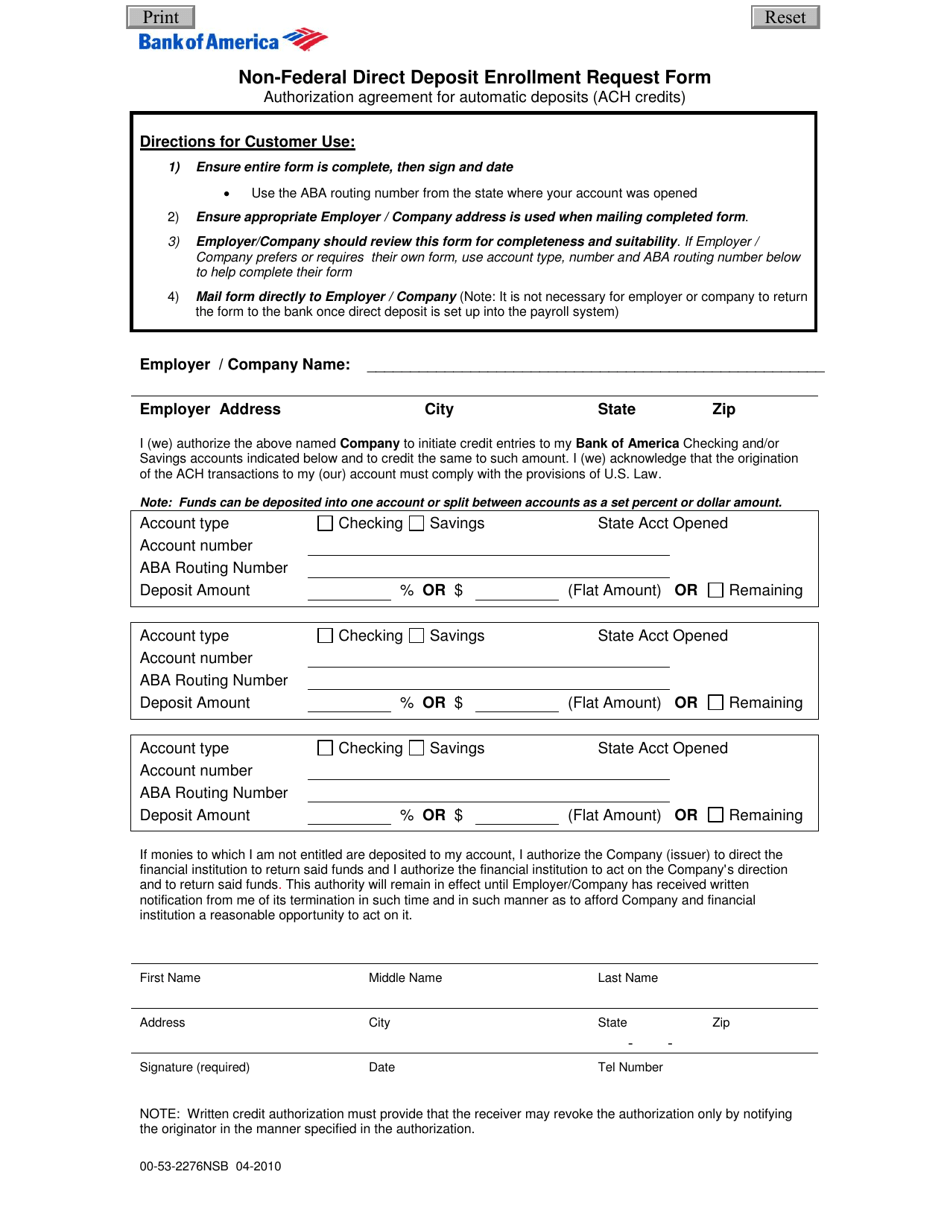 Bank of America Direct Deposit Form, Page 1