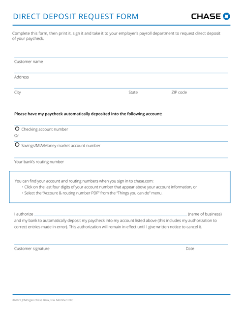 Chase Direct Deposit Form Download Printable PDF Templateroller