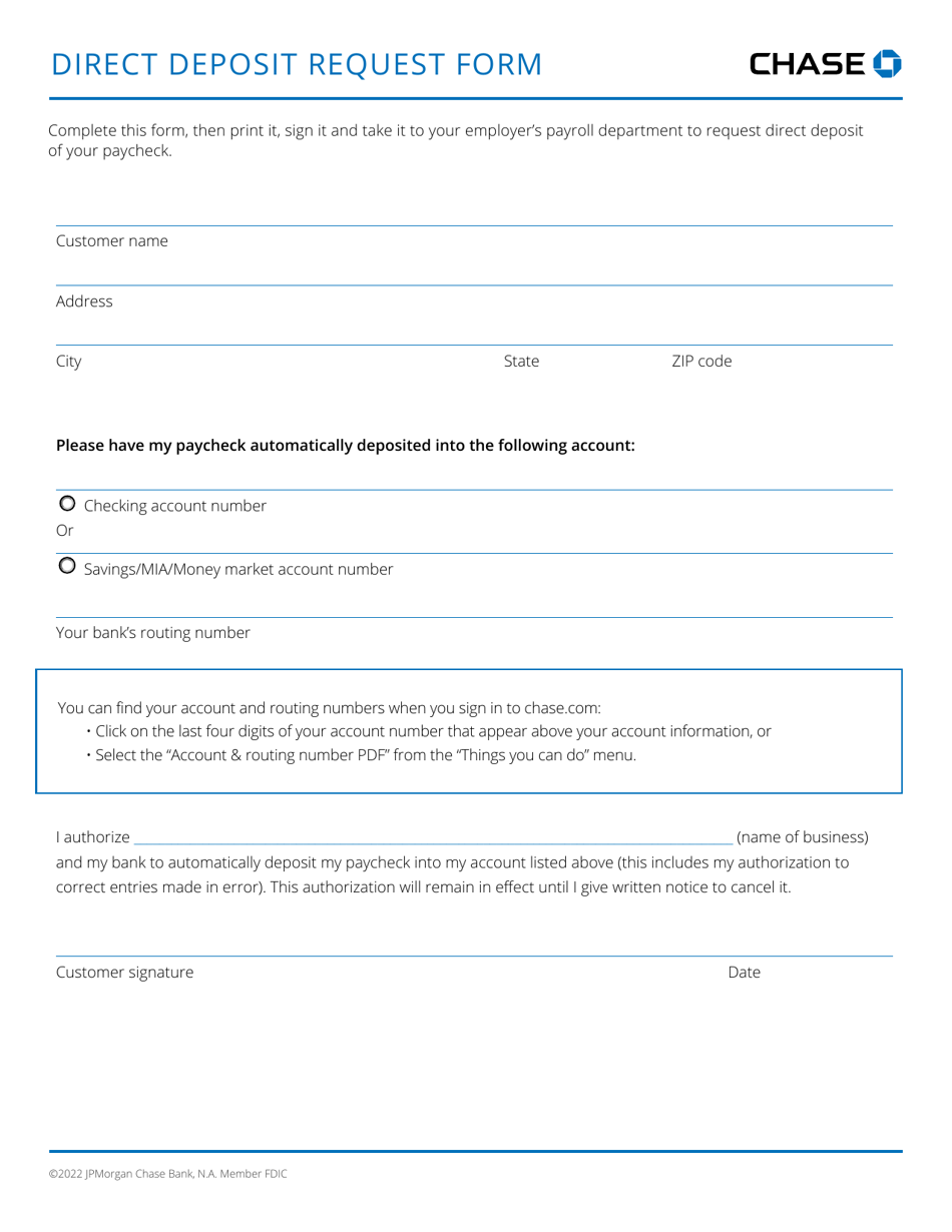 Chase Direct Deposit Form, Page 1