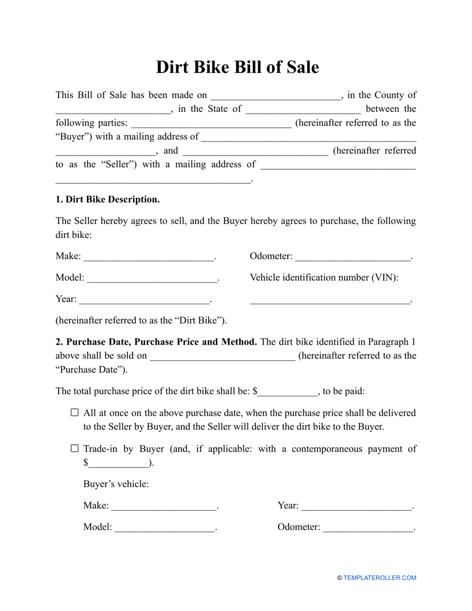 Dirt Bike Bill of Sale Template Fill Out Sign Online and Download