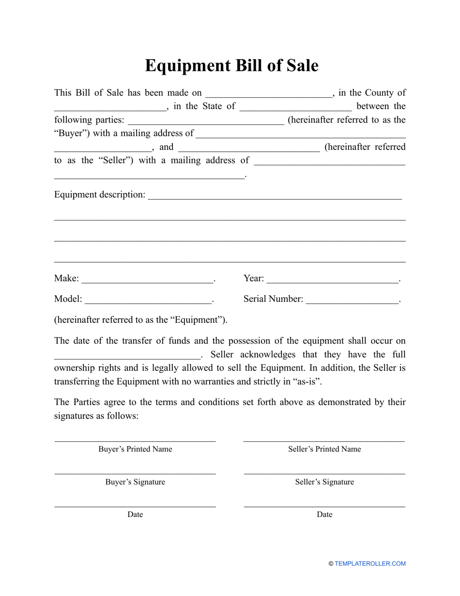 Equipment Bill of Sale Template Fill Out, Sign Online and Download