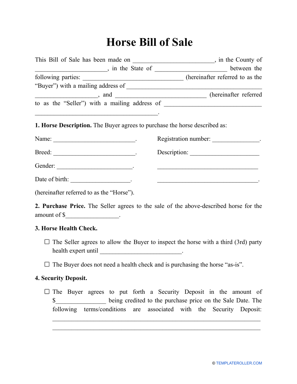 Horse Bill of Sale Template - Fill Out, Sign Online and Download PDF ...