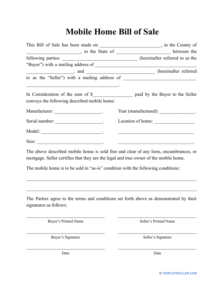 Mobile Home Bill of Sale Template, Page 1