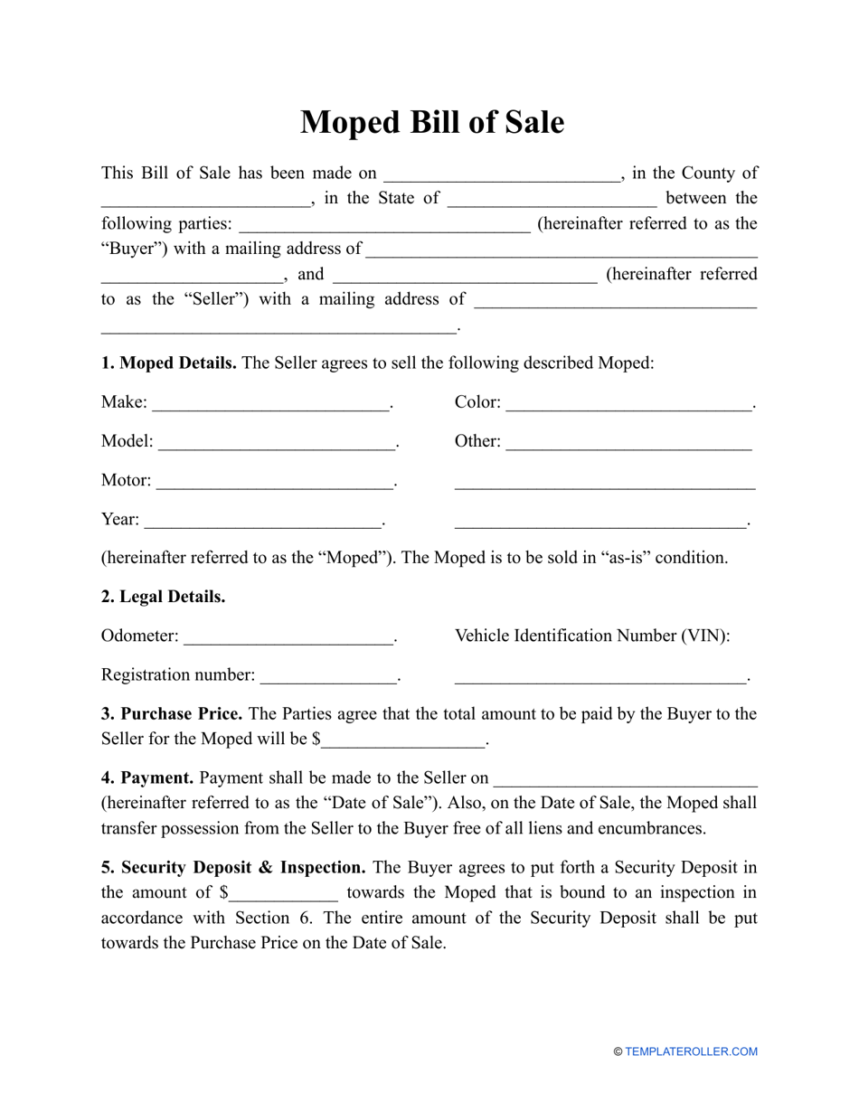 Moped Bill of Sale Template - Fill Out, Sign Online and Download PDF ...