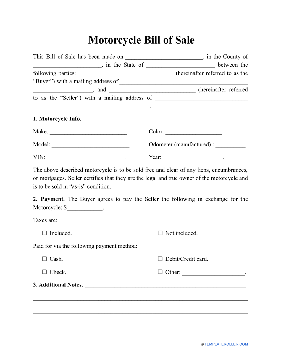 Motorcycle Bill Of Sale Template Fill Out Sign Online And Download 