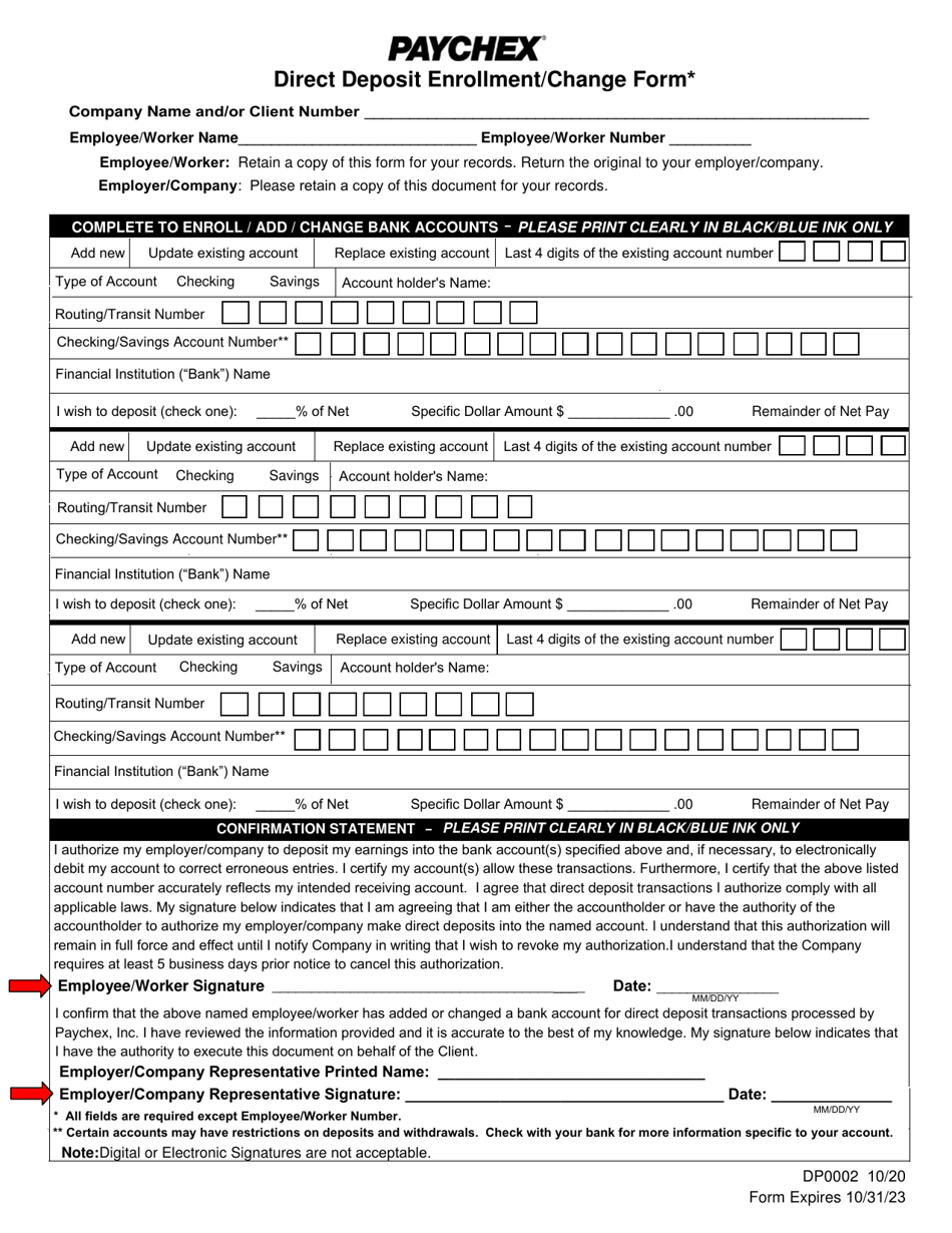 Paychex Direct Deposit Form, Page 1