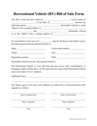 Recreational Vehicle (Rv) Bill of Sale Form