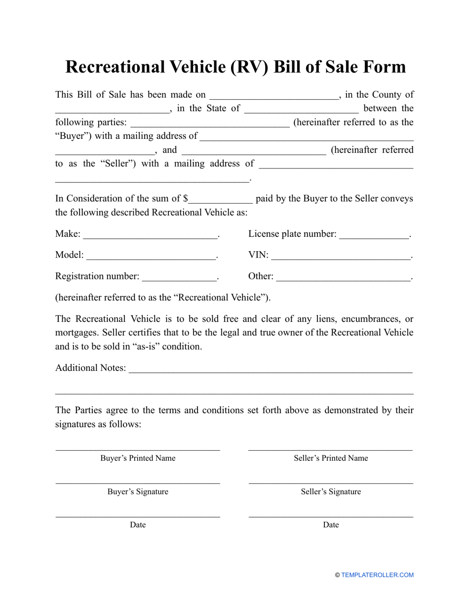 Recreational Vehicle (Rv) Bill of Sale Form, Page 1
