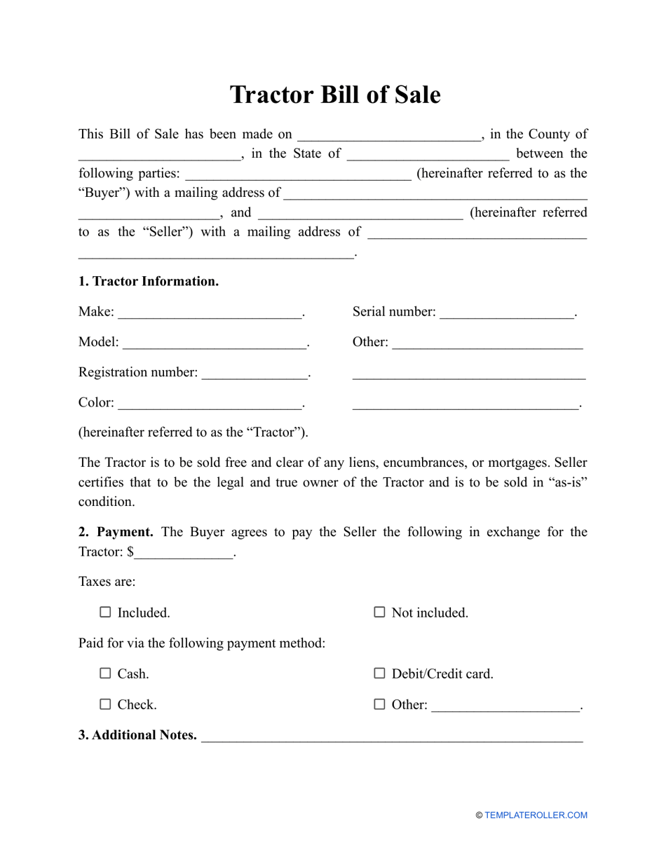 Tractor Bill of Sale Template, Page 1