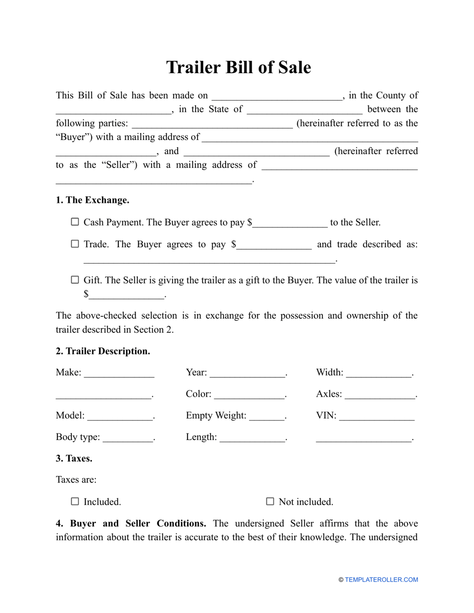 Trailer Bill of Sale Template, Page 1