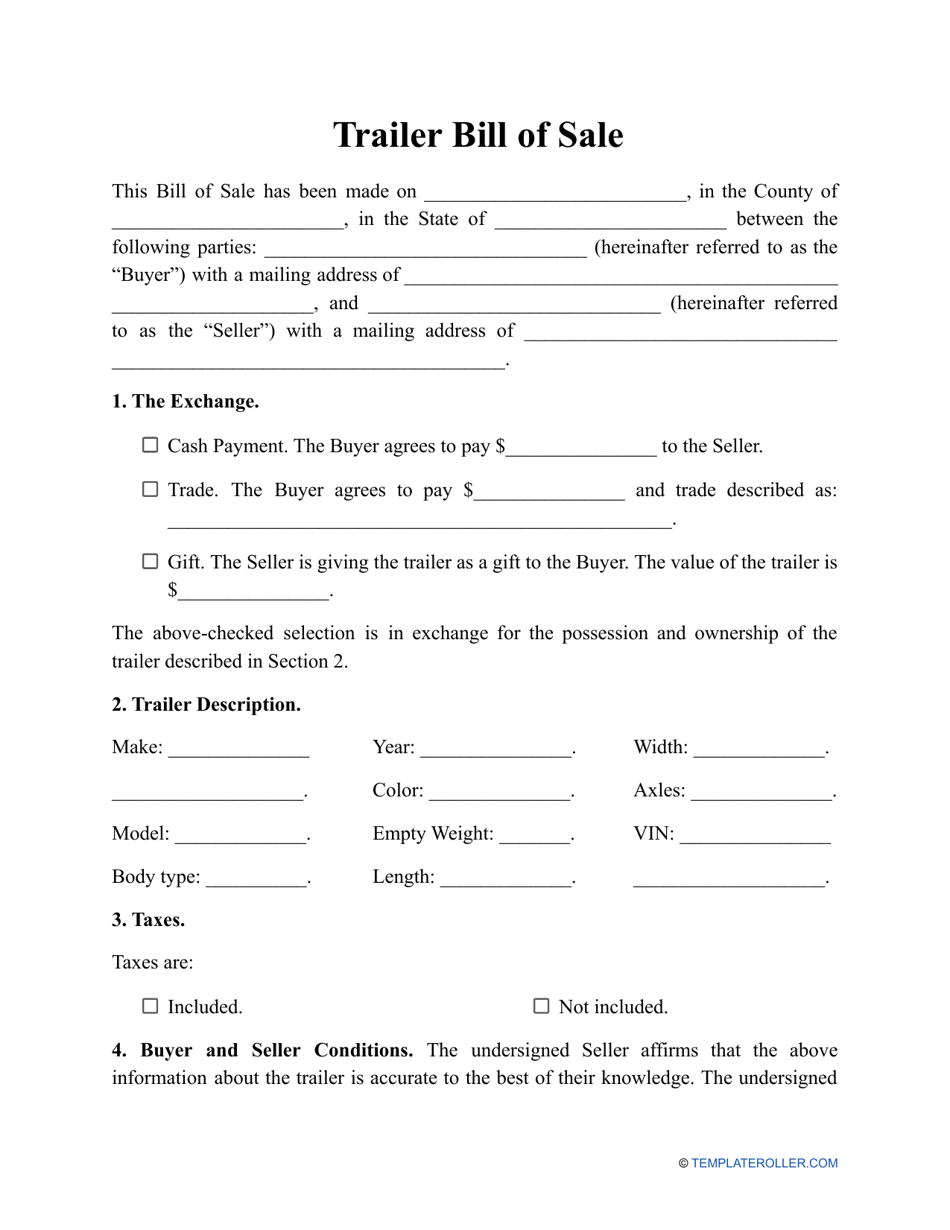 Trailer Bill of Sale Template - Fill Out, Sign Online and Download PDF ...