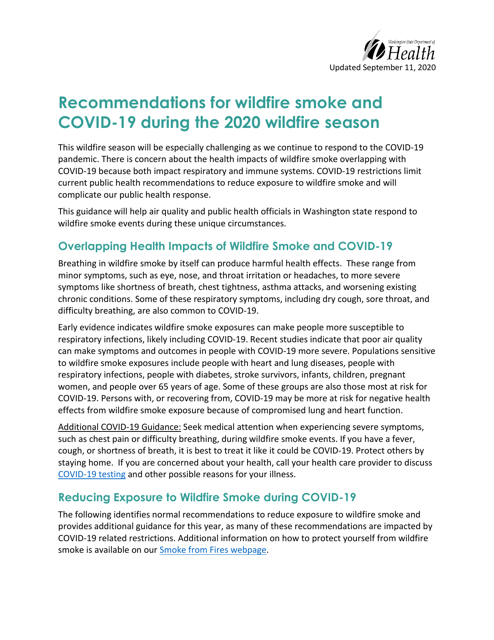 Recommendations for Wildfire Smoke and Covid-19 During the 2020 Wildfire Season - Washington