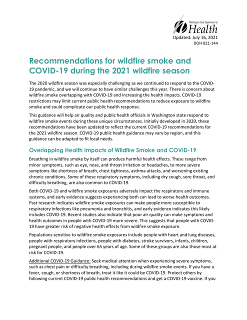 DOH Form 821-144 Recommendations for Wildfire Smoke and Covid-19 During the 2021 Wildfire Season - Washington