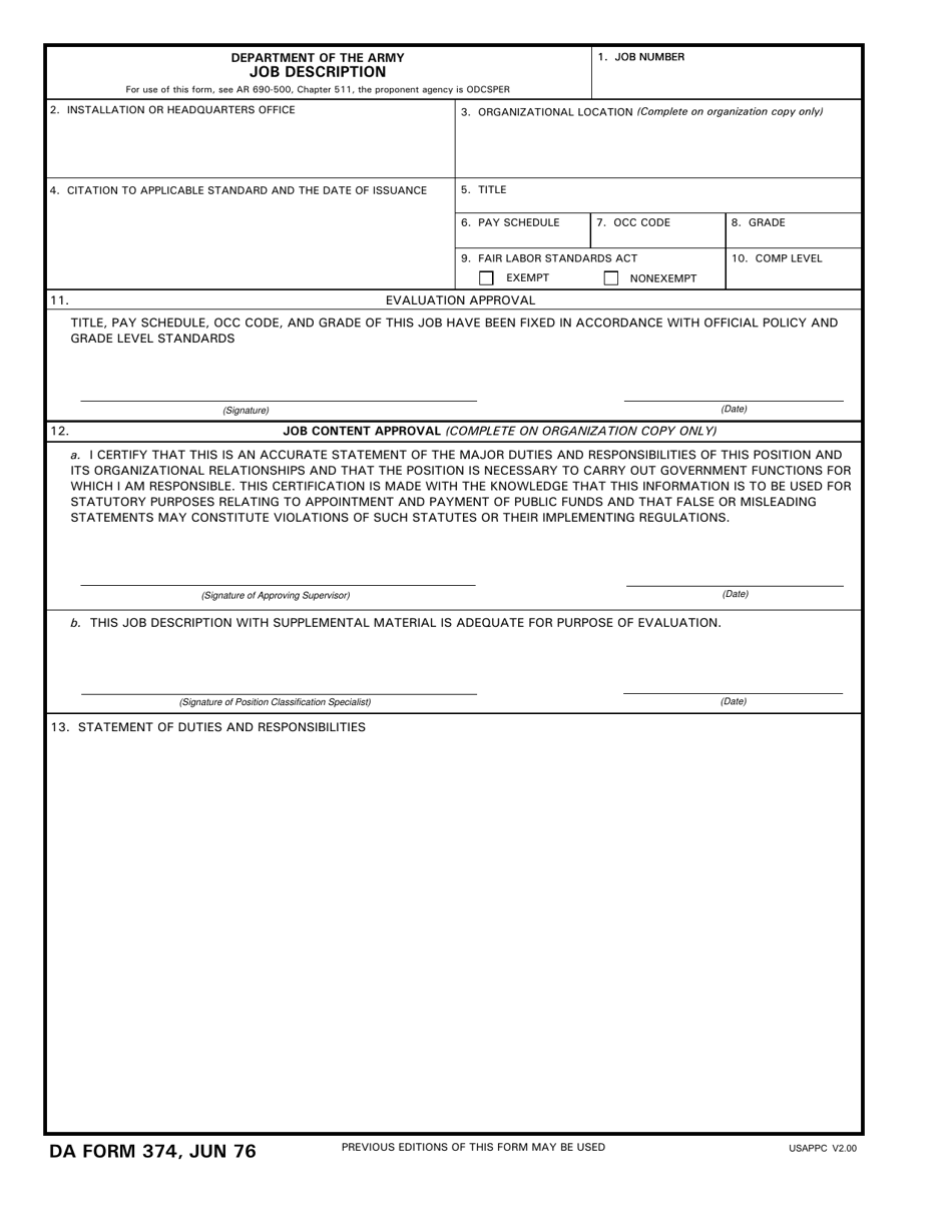 DA Form 374 Job Description, Page 1