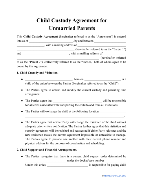Child Custody Agreement for Unmarried Parents Template