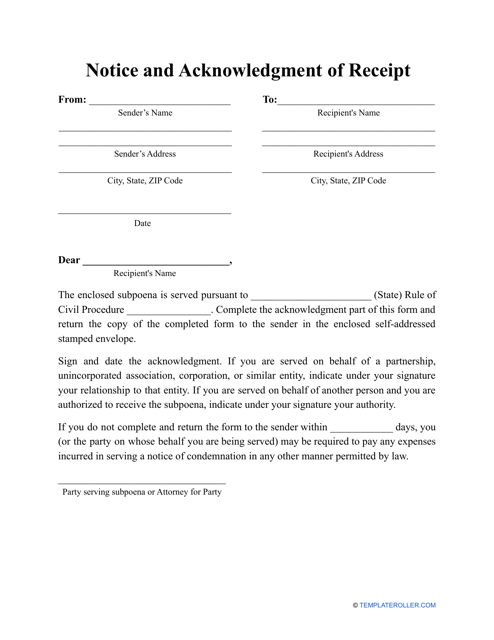Notice and Acknowledgment of Receipt Template Download Pdf