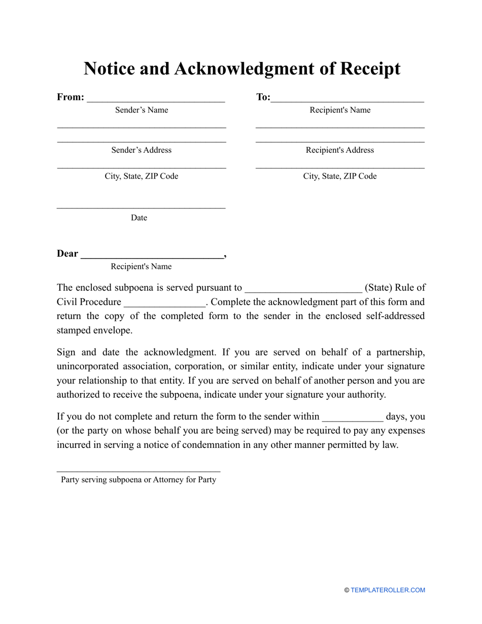 Notice and Acknowledgment of Receipt Template, Page 1