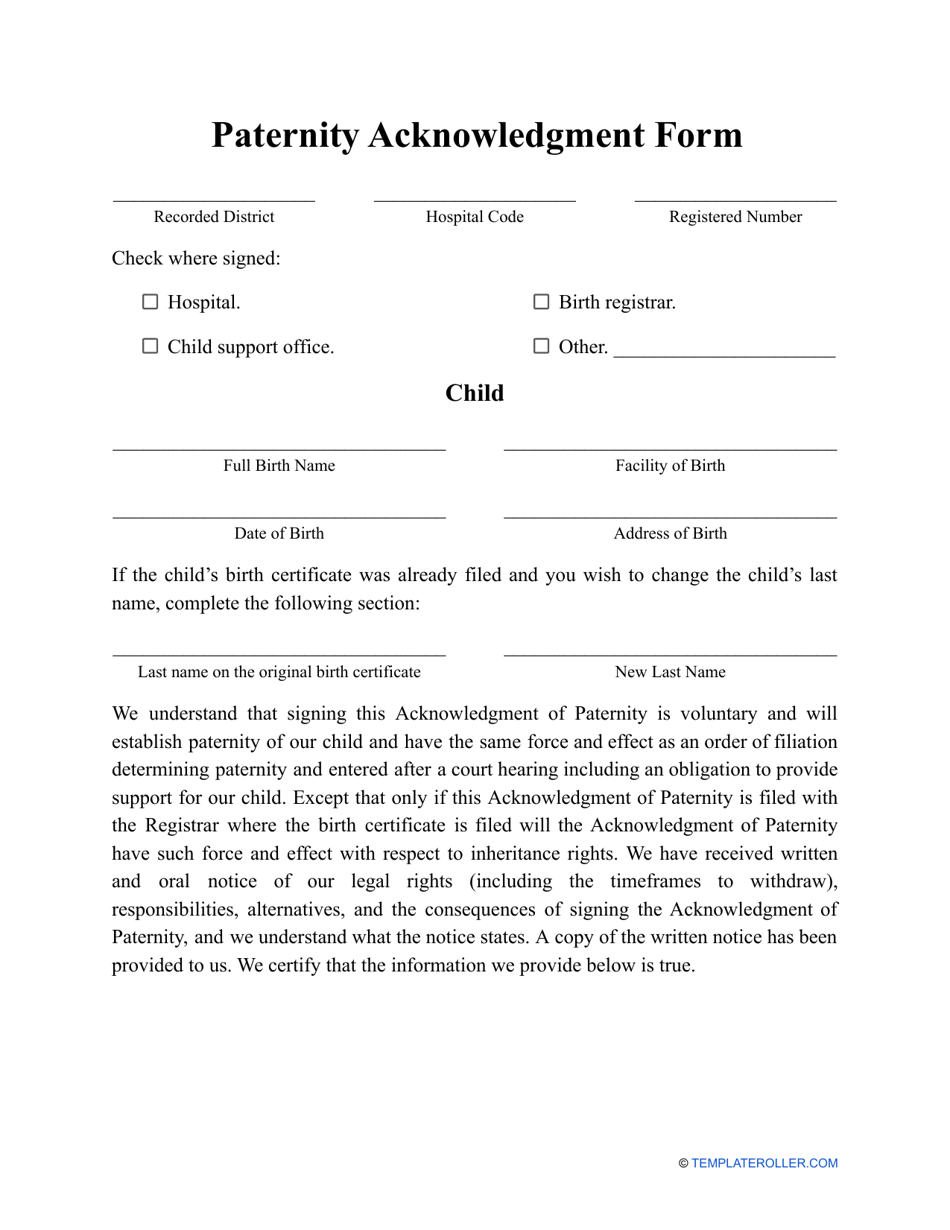 Paternity Acknowledgment Form Fill Out Sign Online And Download Pdf Templateroller 1076