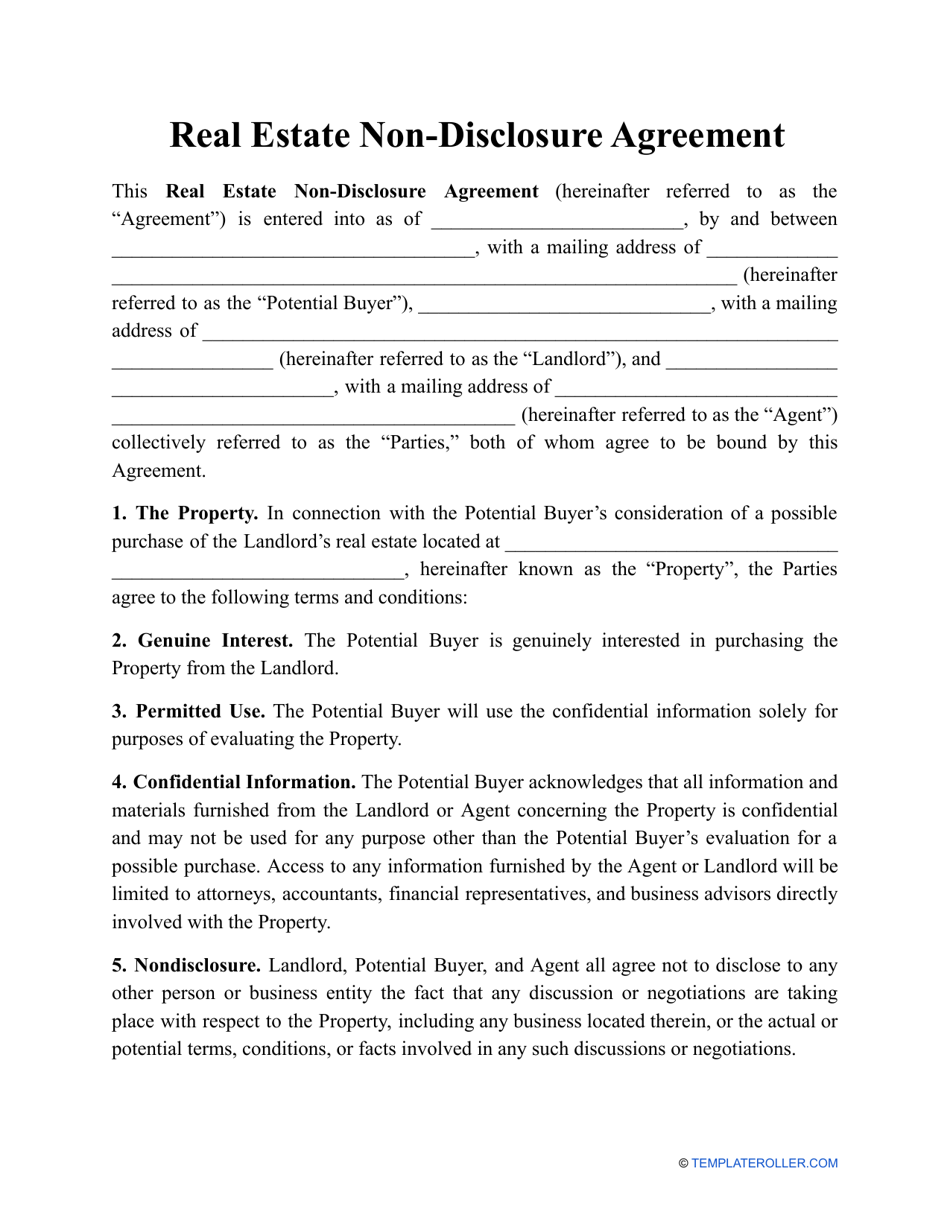 Real Estate Non-disclosure Agreement Template, Page 1