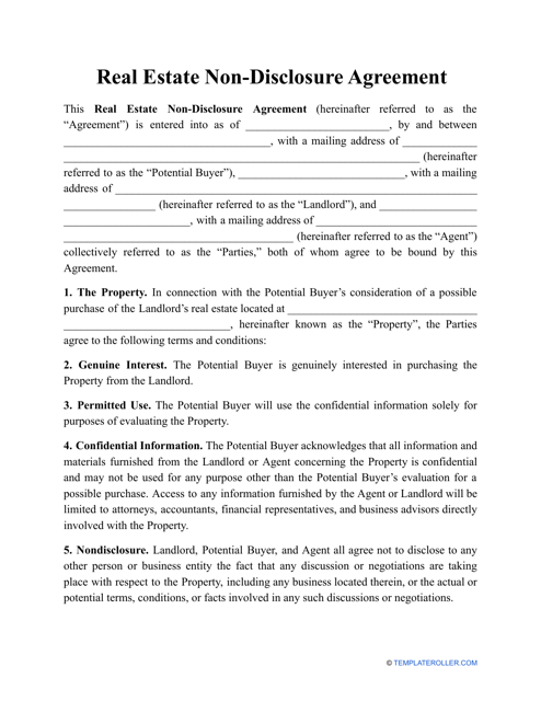 Real Estate Non-disclosure Agreement Template Download Pdf