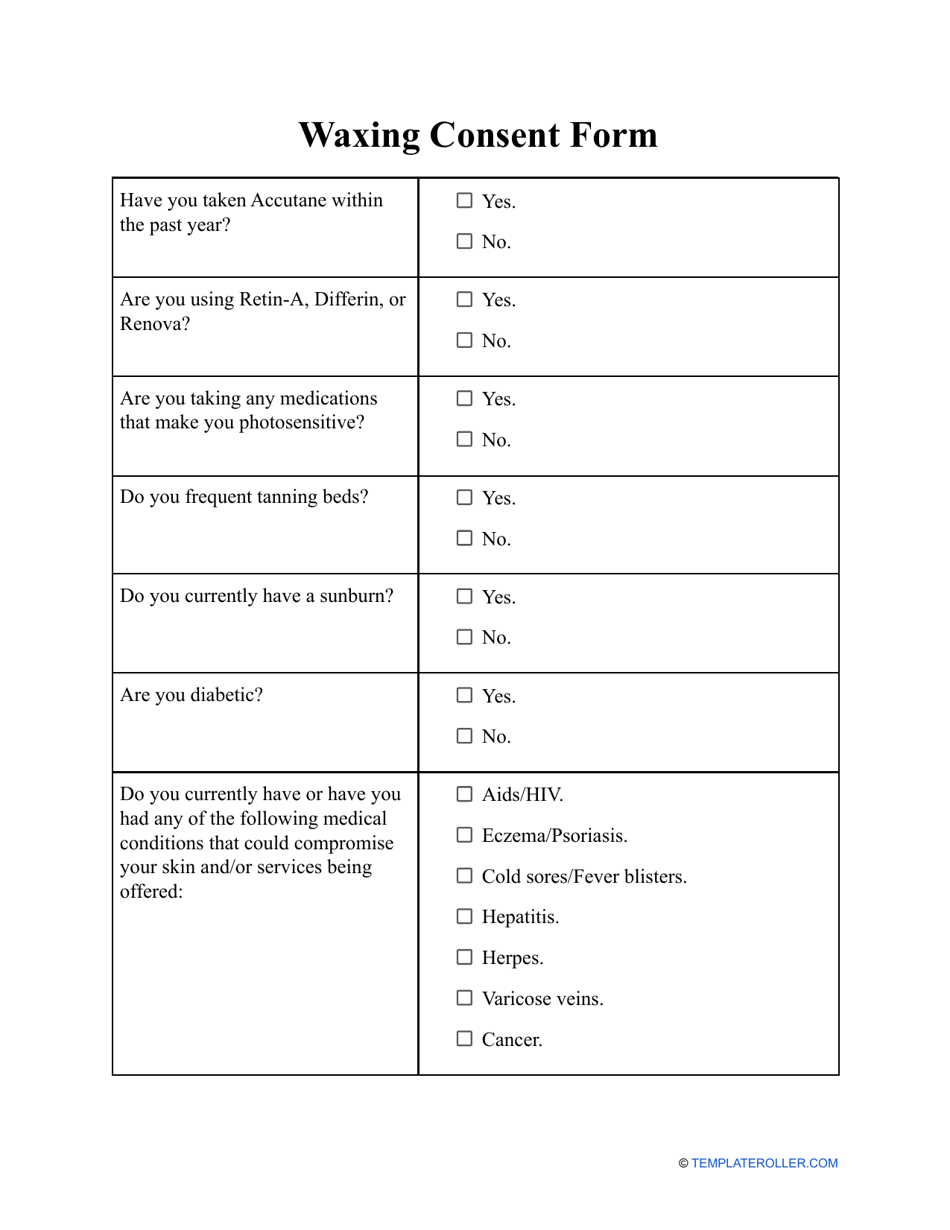 Waxing Consent Form, Page 1