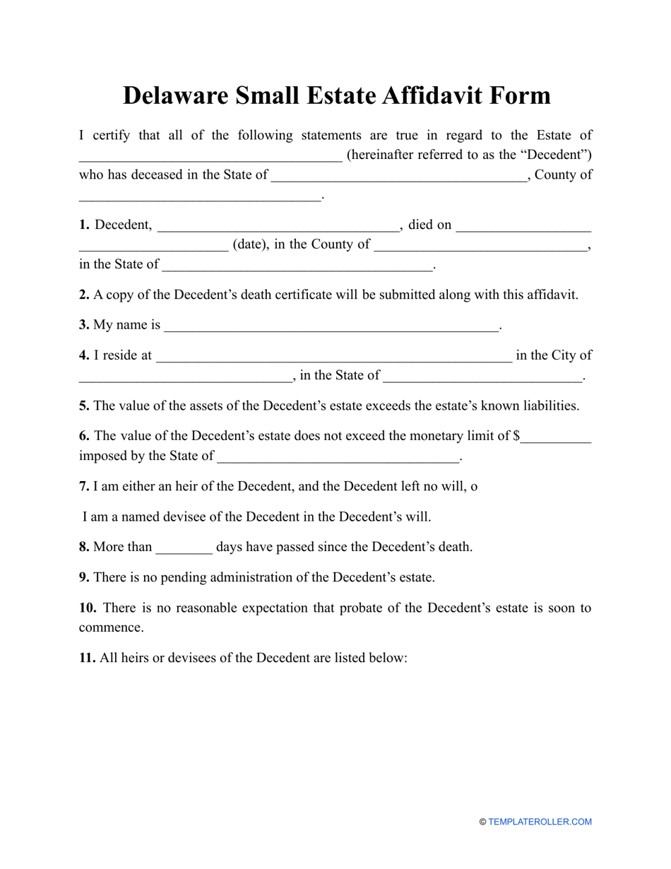 Small Estate Affidavit Form - Delaware, Page 1