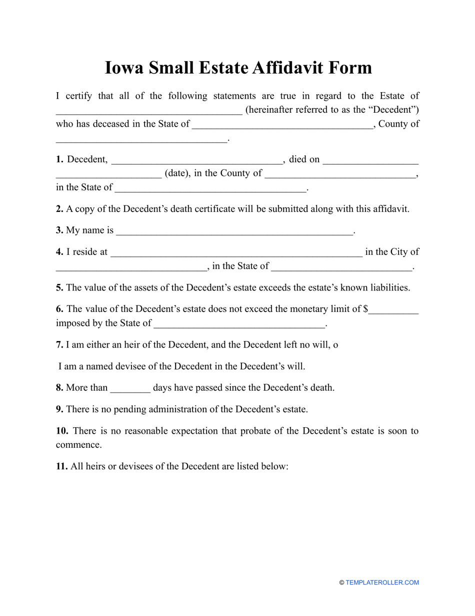 Small Estate Affidavit Form - Iowa, Page 1